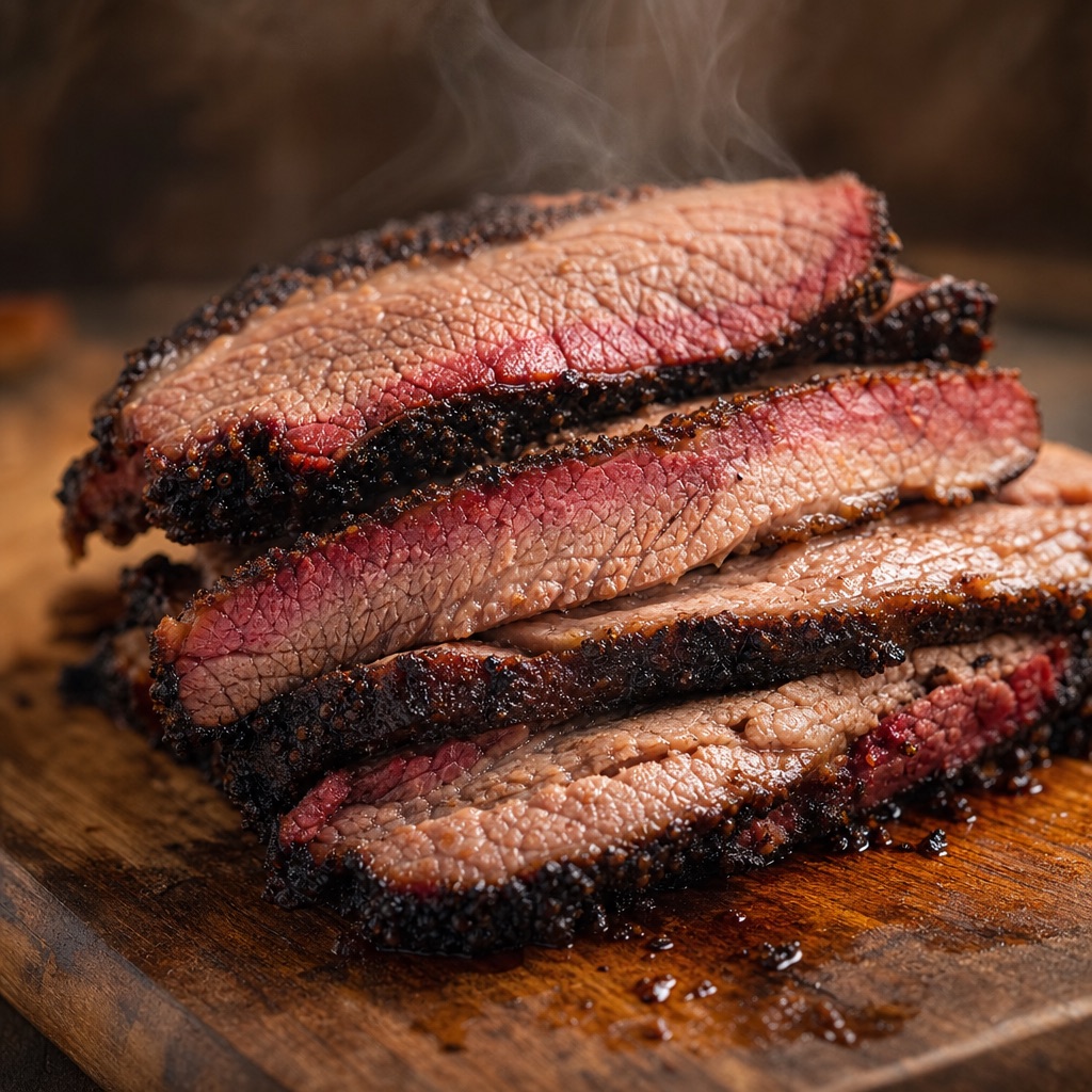 Thick slices of smoked brisket showing a pink smoke ring and dark peppery bark
