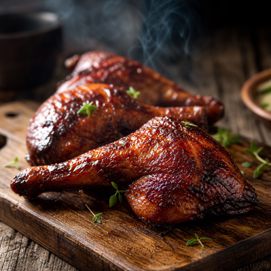 Smoked barbecue chicken quarters with crispy mahogany-glazed skin