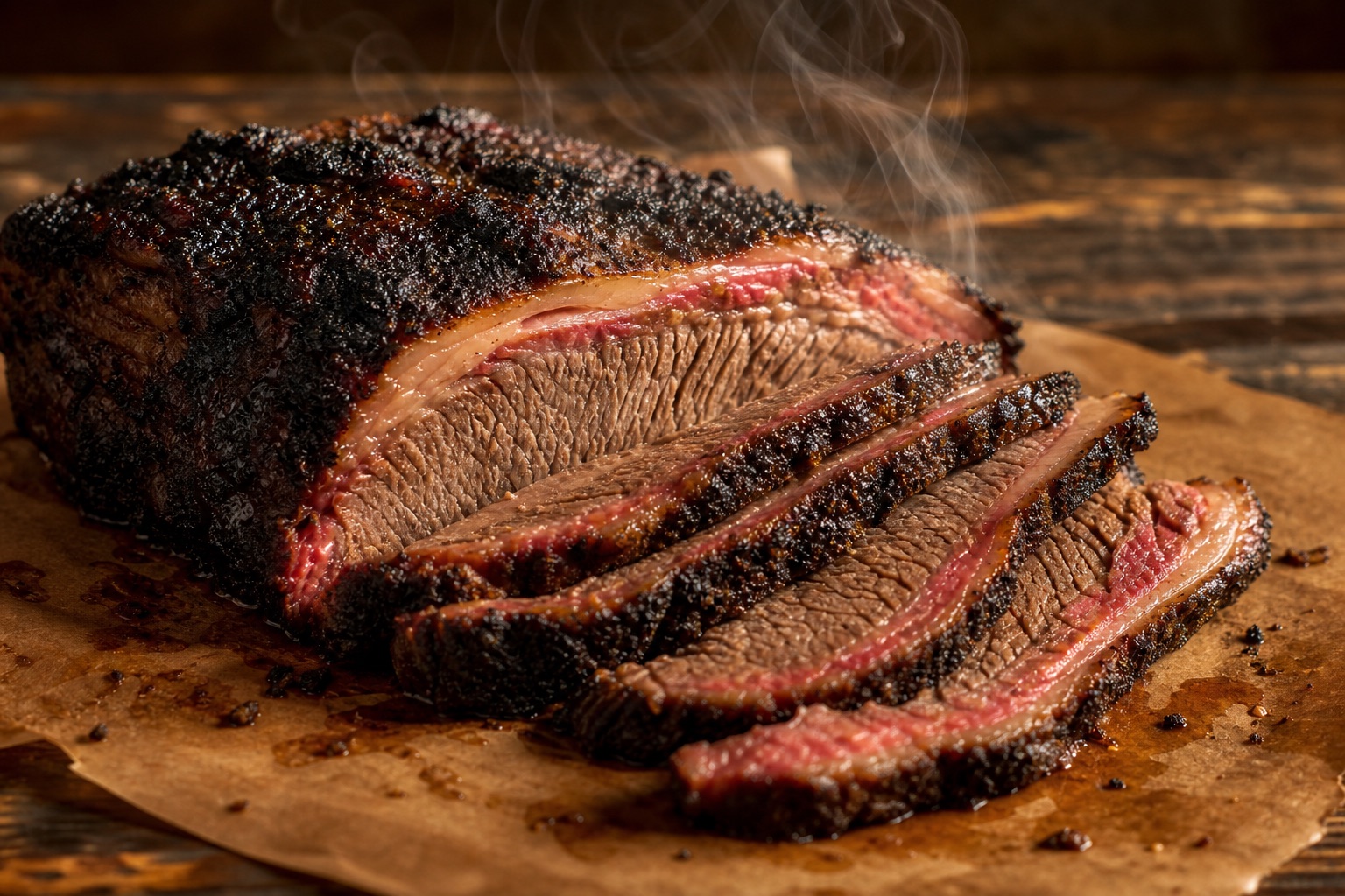 Slices of slow-smoked beef brisket with a deep pink smoke ring resting on butcher paper
