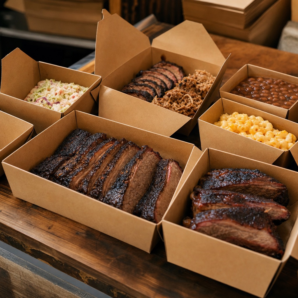 Kraft takeout boxes filled with sliced smoked brisket, ribs and barbecue sides ready for pickup