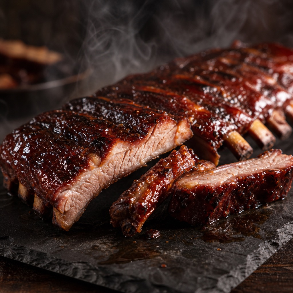 Rack of glazed smoked pork ribs with a sticky mahogany lacquer and charred edges