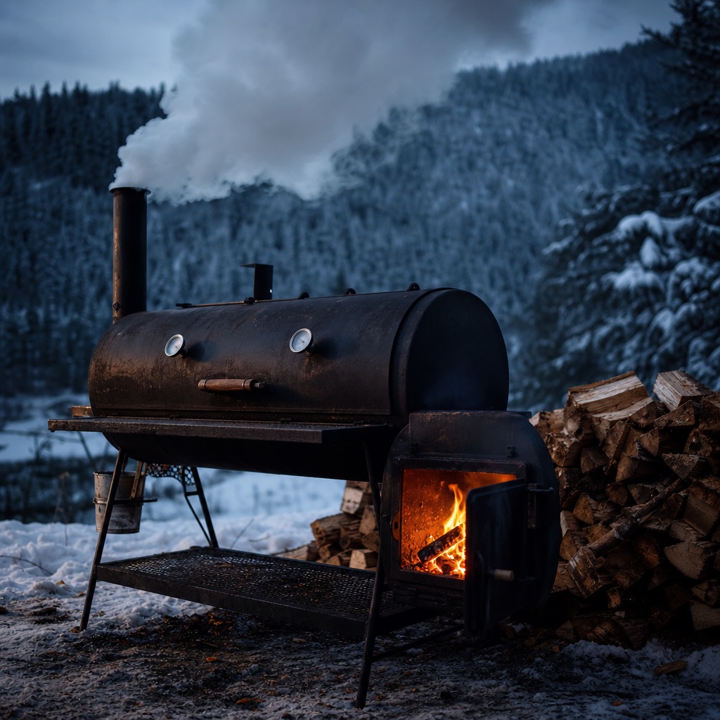 A black offset barrel smoker with wood smoke rising, beside stacked firewood and a snowy interior-Alaska forest